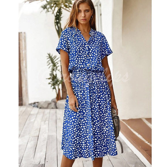 Rouge! Dresses & Skirts - Blue Dress All Over Spotted Print  Neckline Notched Midi Shirt